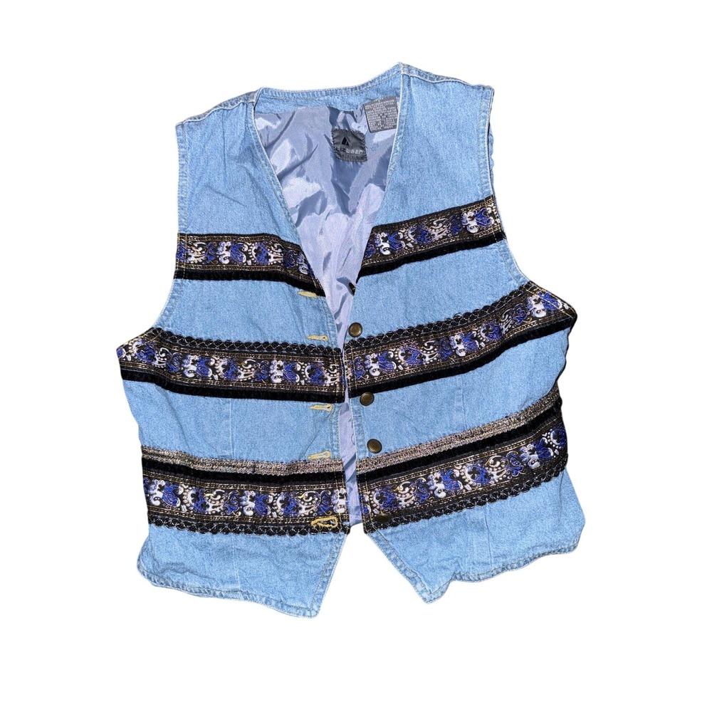 Vtg Lizwear Denim Vest Womens Petite S Blue Embroidered Tapestry Trim Boho VNeck